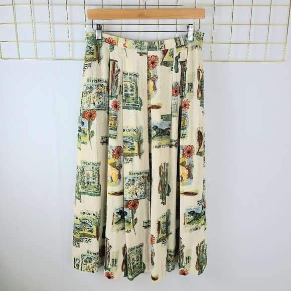 Geiger Austria Countryside Patchwork Linen Viscose Pleated Vintage Midi Skirt - Picture 1 of 10